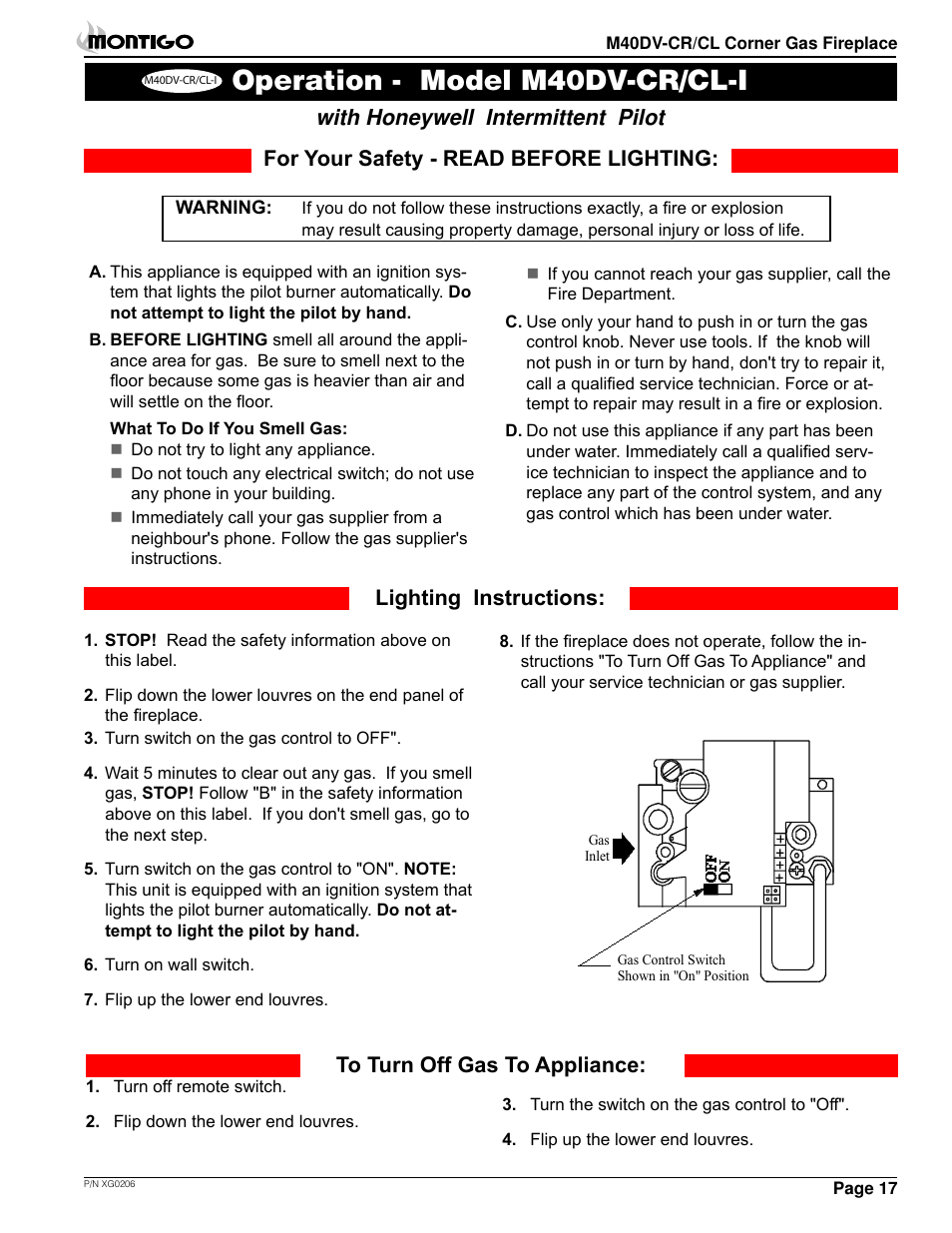 Operation - model m40dv-cr/cl-i, With honeywell intermittent pilot | Montigo M40DV CL CR User Manual | Page 17 / 26