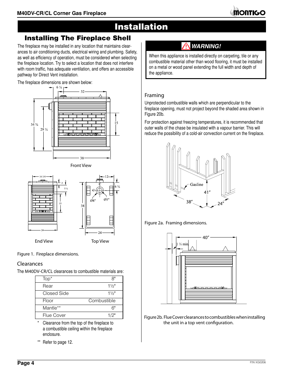 Installation, Installing the fireplace shell | Montigo M40DV CL CR User Manual | Page 4 / 26