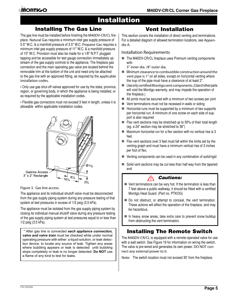 Installation, Installing the gas line, Installing the remote switch | Vent installation | Montigo M40DV CL CR User Manual | Page 5 / 26