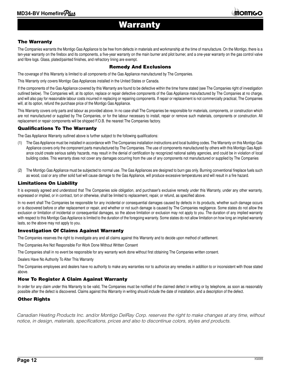 Warranty | Montigo MD34 BV User Manual | Page 12 / 14