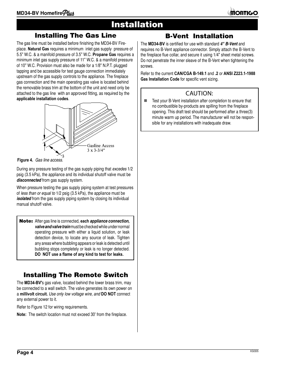 Installation, Installing the gas line, Installing the remote switch | B-vent installation, Caution | Montigo MD34 BV User Manual | Page 4 / 14