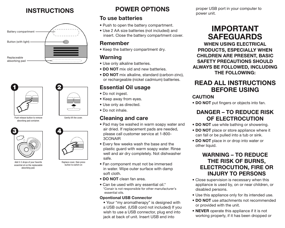 Conair Air Revitalizer AR04B User Manual | 2 pages