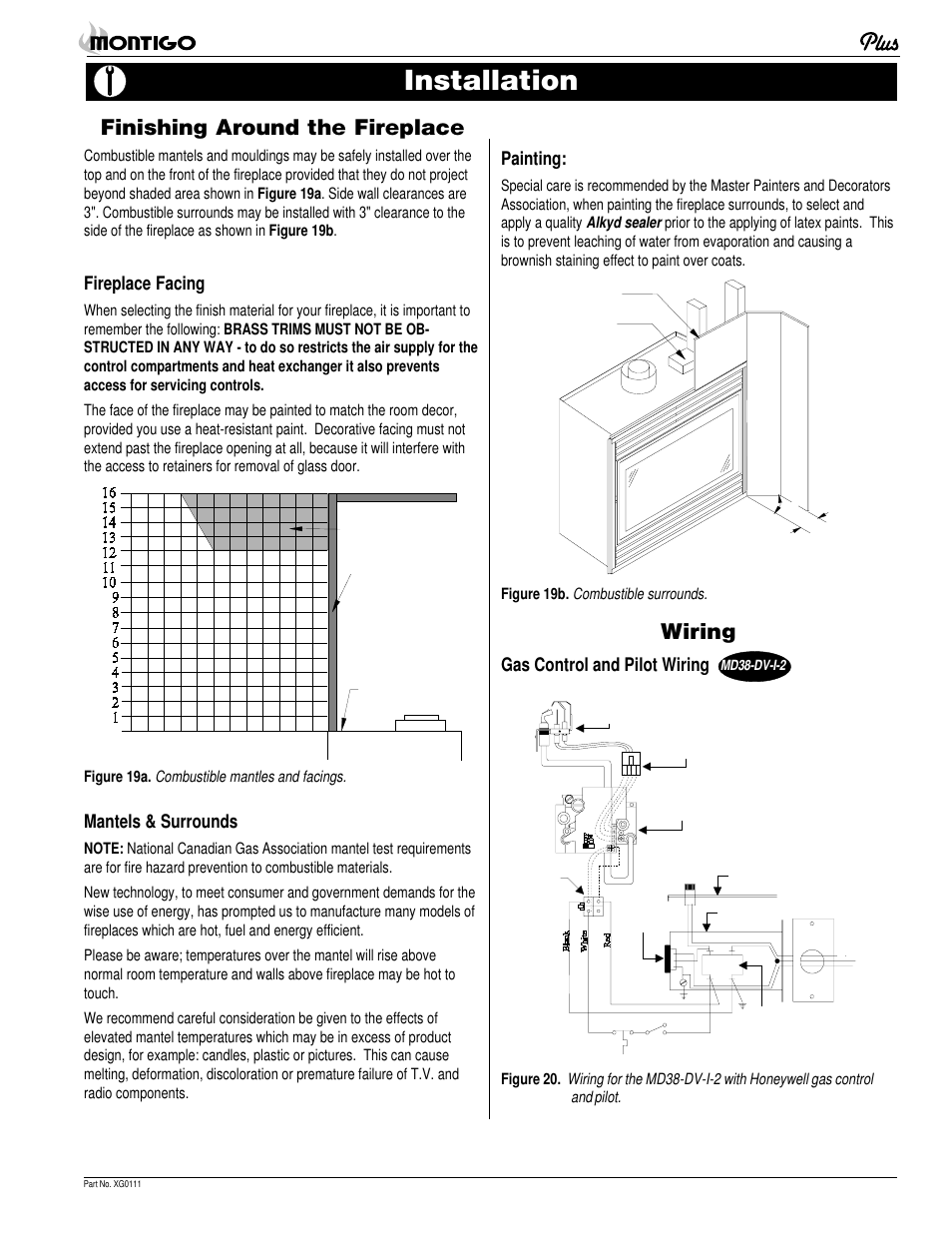 Installation, Finishing around the fireplace, Wiring | Fireplace facing, Mantels & surrounds, Painting, Gas control and pilot wiring | Montigo MD38 DV2 User Manual | Page 11 / 22