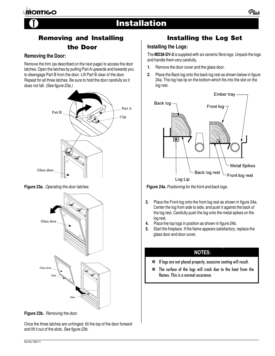 Installation, Removing and installing the door, Installing the log set | Montigo MD38 DV2 User Manual | Page 13 / 22