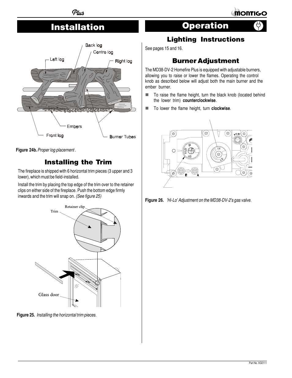 Installation operation, Installing the trim, Lighting instructions | Burner adjustment | Montigo MD38 DV2 User Manual | Page 14 / 22