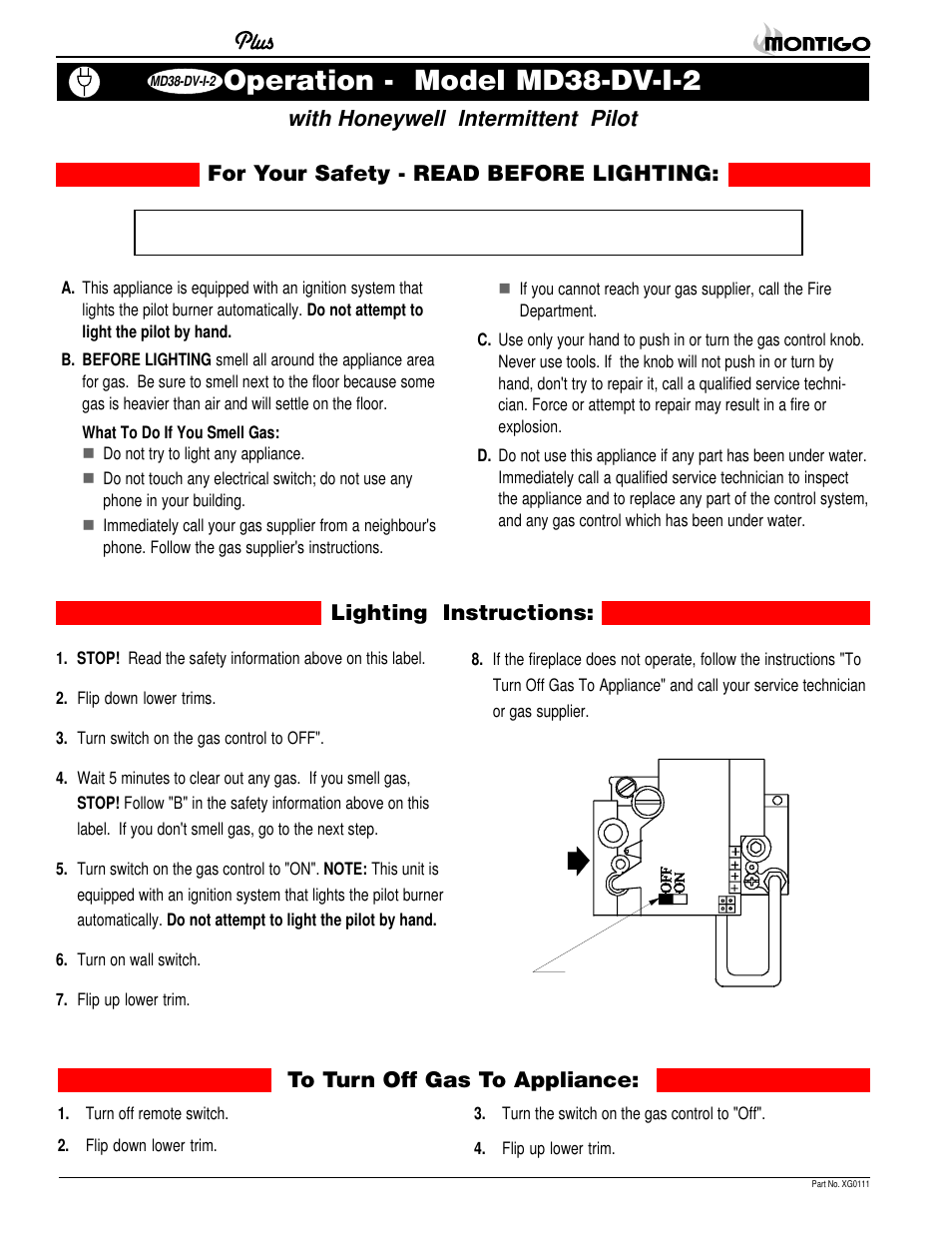 Operation - model md38-dv-i-2, With honeywell intermittent pilot | Montigo MD38 DV2 User Manual | Page 16 / 22