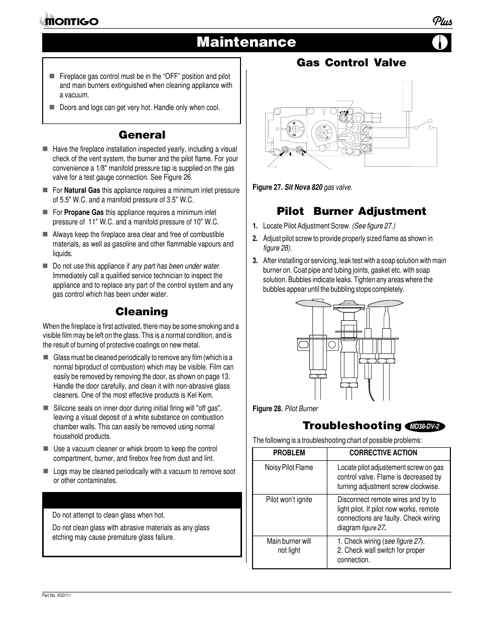 Maintenance, General, Cleaning | Gas control valve, Pilot burner adjustment, Troubleshooting | Montigo MD38 DV2 User Manual | Page 17 / 22