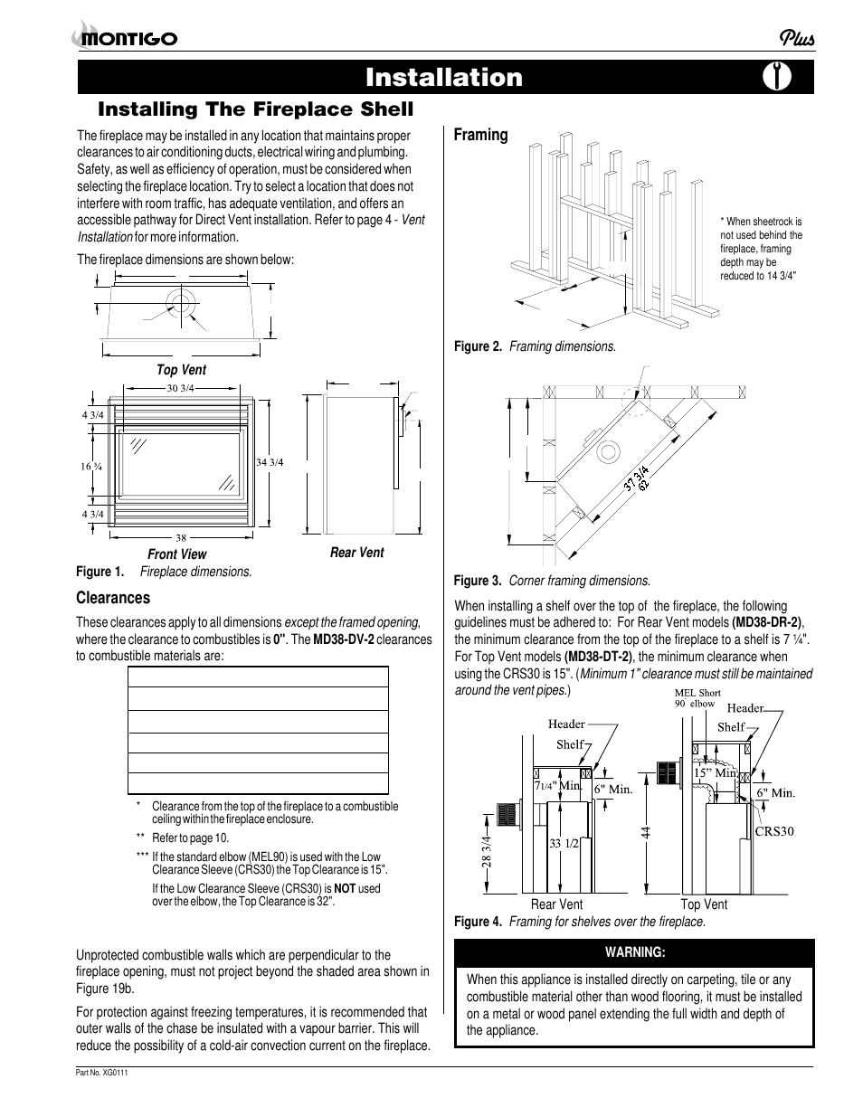 Installation, Installing the fireplace shell, Framing | Clearances | Montigo MD38 DV2 User Manual | Page 3 / 22