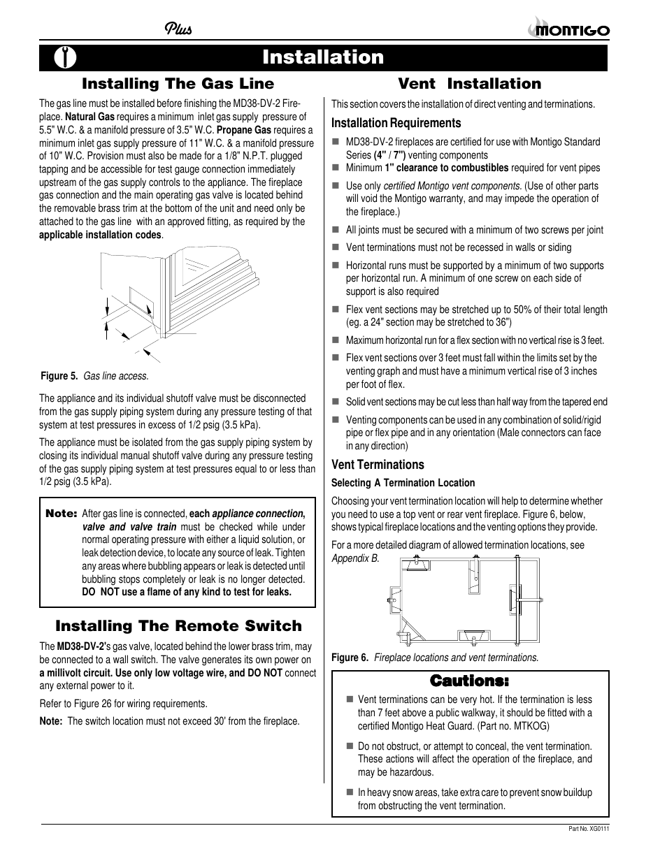 Installation, Vent installation, Cautions | Cautions: installing the gas line, Installing the remote switch | Montigo MD38 DV2 User Manual | Page 4 / 22
