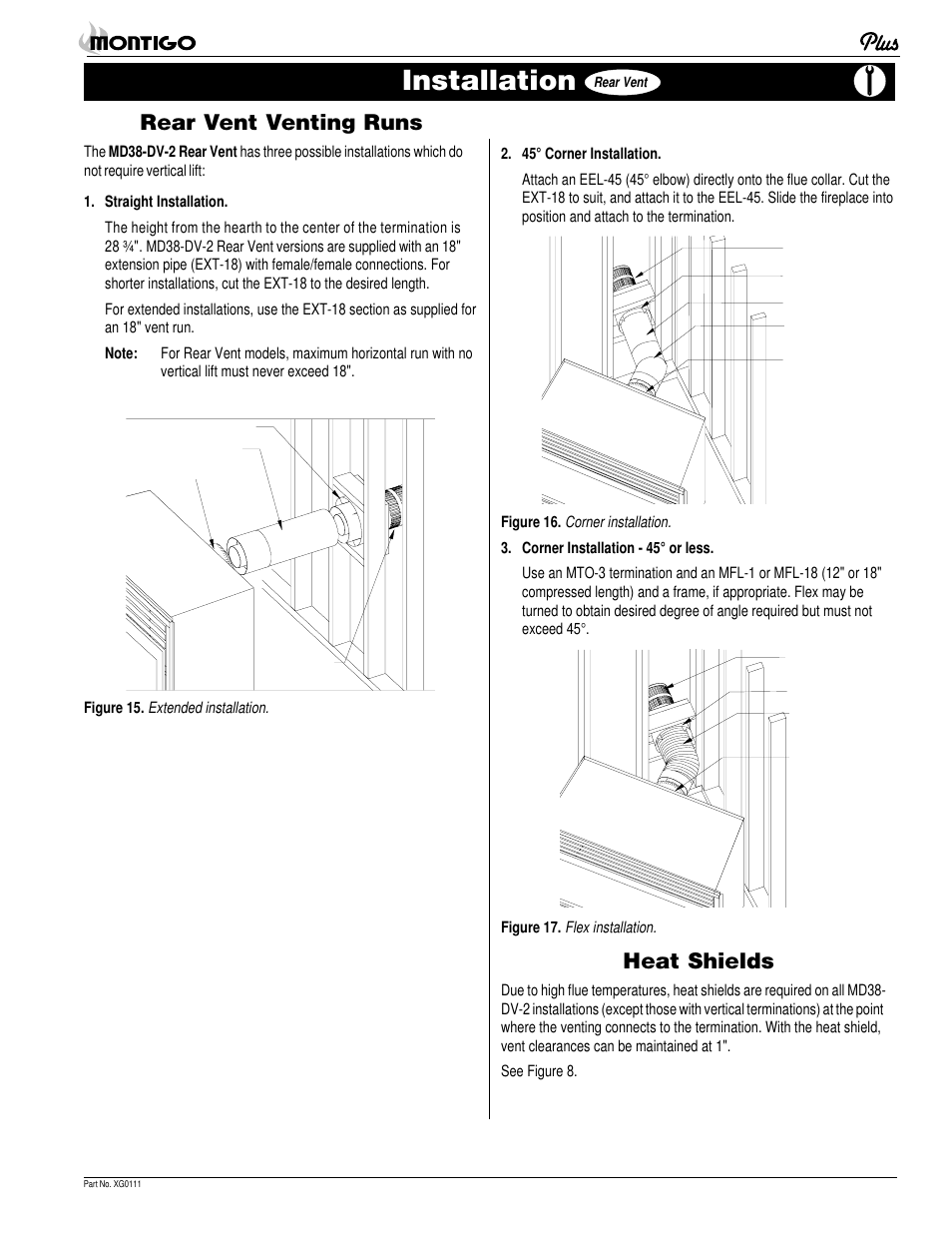 Installation, Rear vent venting runs, Heat shields | Montigo MD38 DV2 User Manual | Page 9 / 22