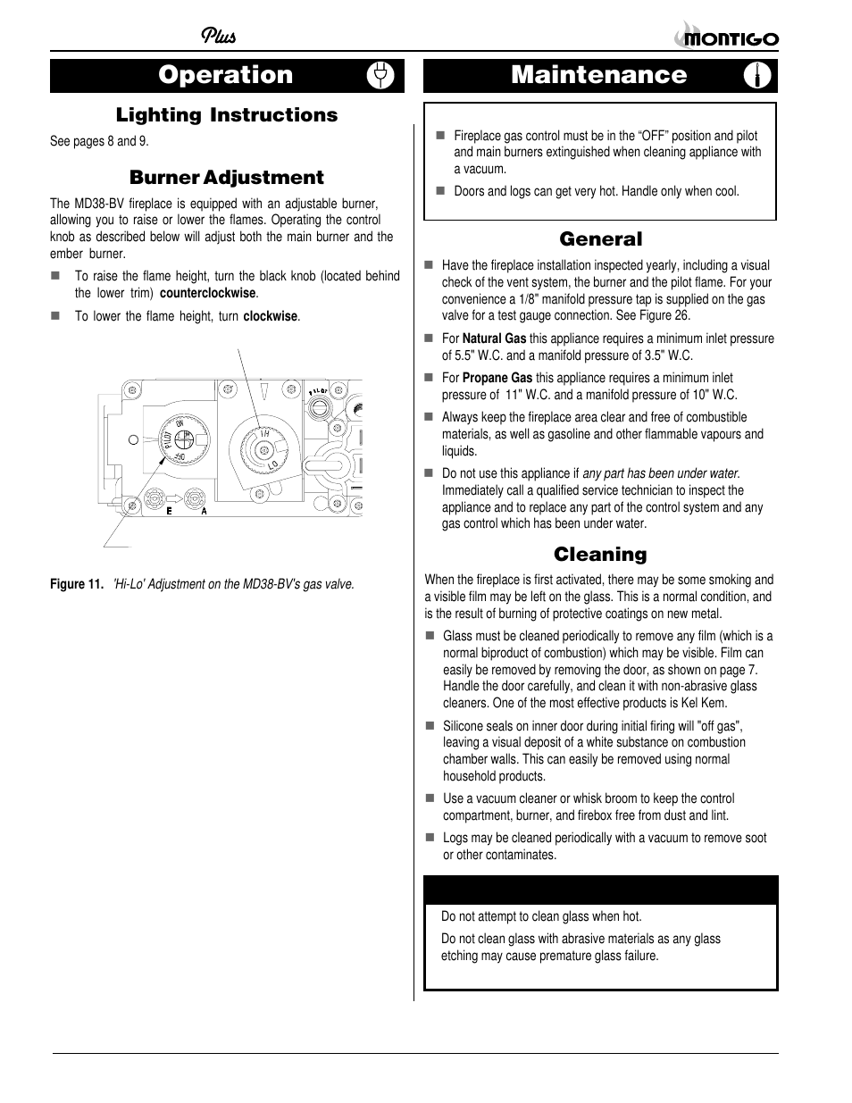 Maintenance, Operation, General | Lighting instructions, Burner adjustment, Cleaning | Montigo MD38 BV User Manual | Page 10 / 14