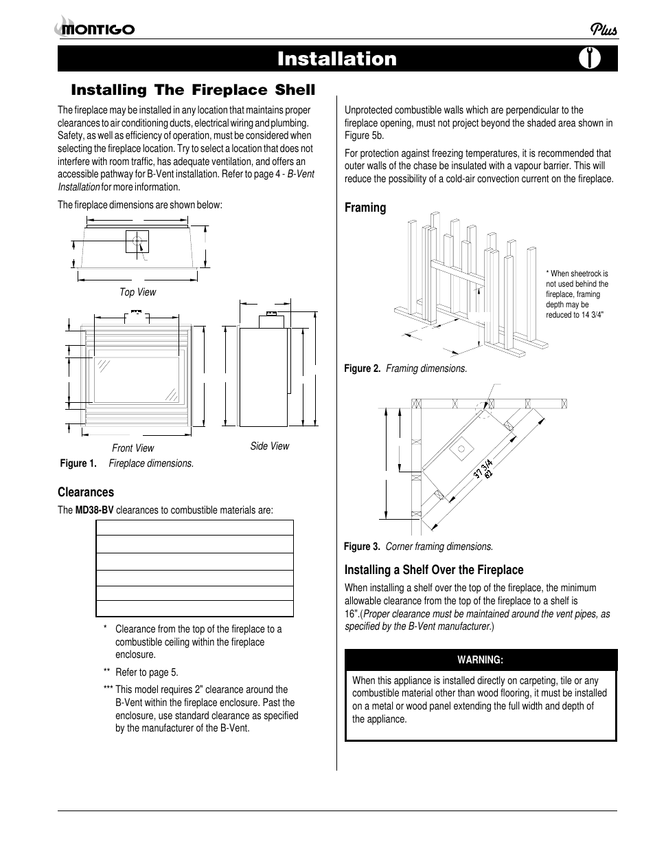 Installation, Installing the fireplace shell, Installing a shelf over the fireplace | Clearances, Framing | Montigo MD38 BV User Manual | Page 3 / 14