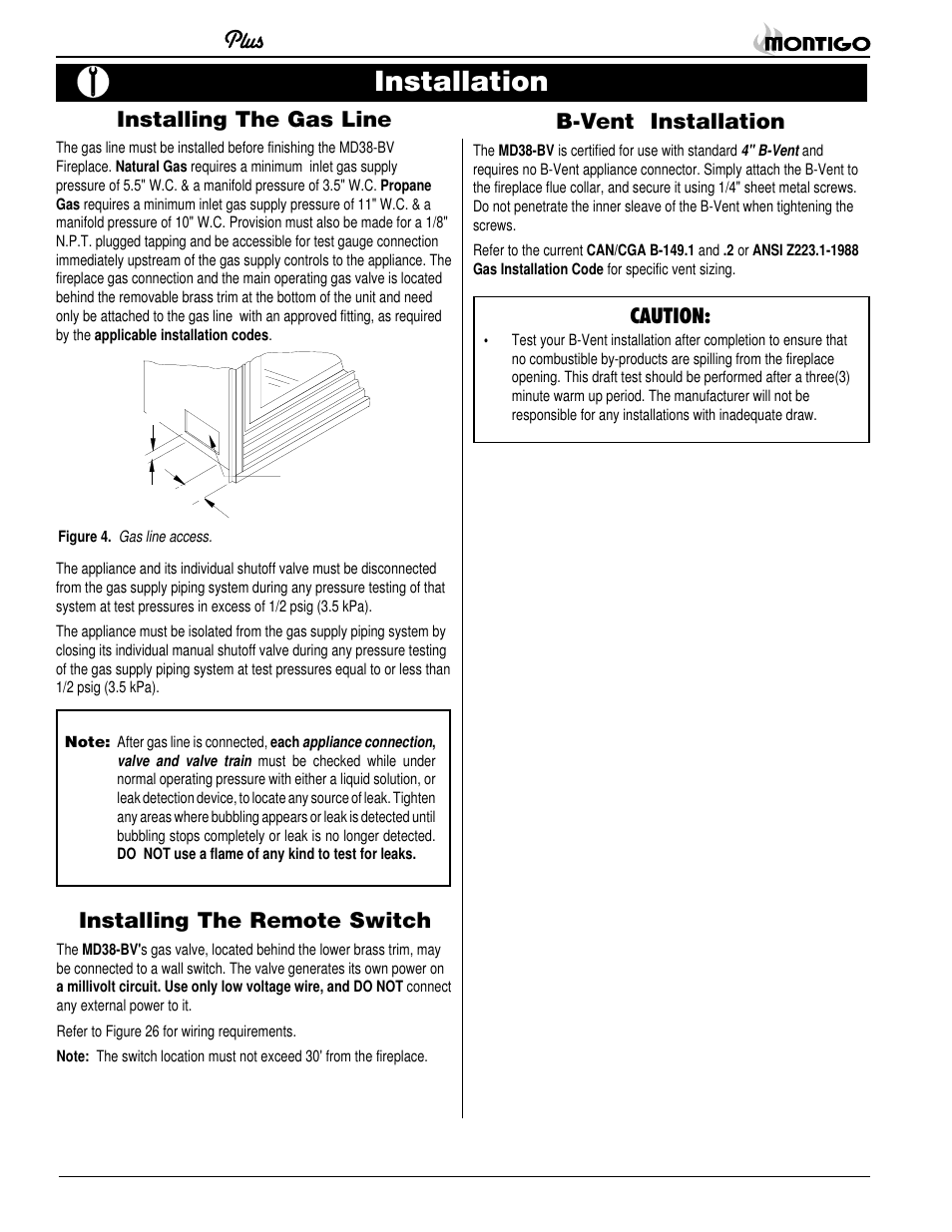 Installation, Installing the gas line, Installing the remote switch | B-vent installation, Caution | Montigo MD38 BV User Manual | Page 4 / 14