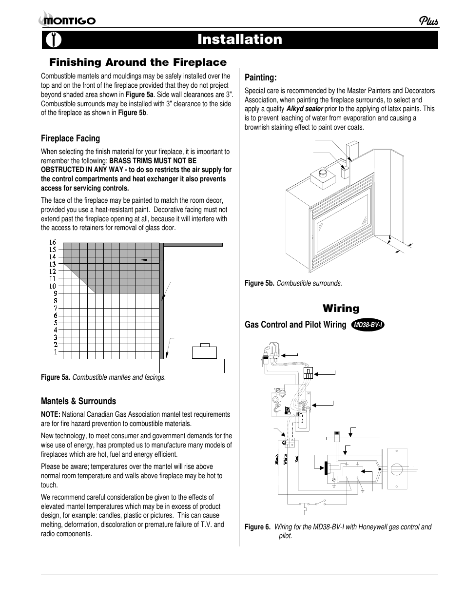 Installation, Finishing around the fireplace, Wiring | Fireplace facing, Mantels & surrounds, Painting, Gas control and pilot wiring, Page 5 md38-bv homefire | Montigo MD38 BV User Manual | Page 5 / 14