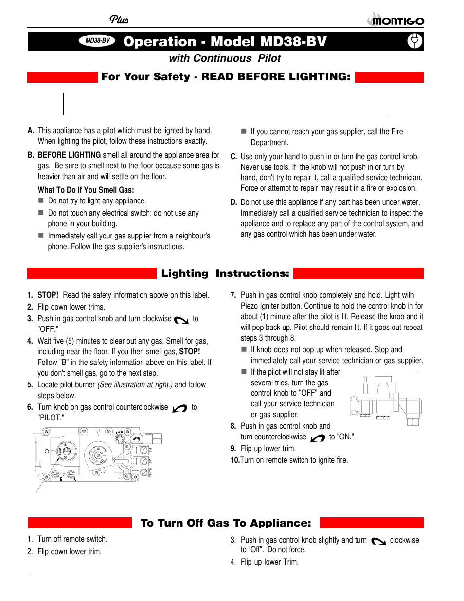 Operation - model md38-bv, Lighting instructions | Montigo MD38 BV User Manual | Page 8 / 14