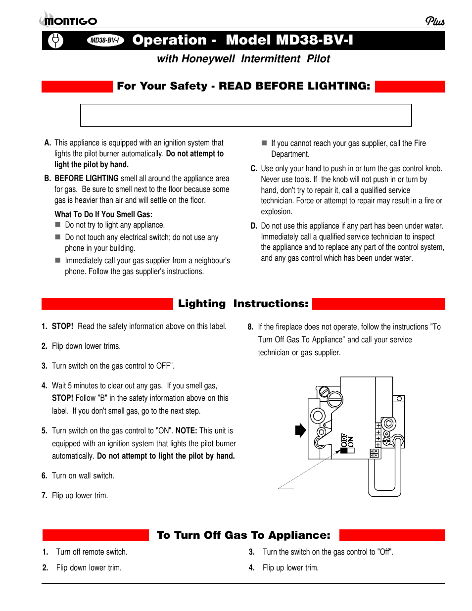 Operation - model md38-bv-i, With honeywell intermittent pilot | Montigo MD38 BV User Manual | Page 9 / 14