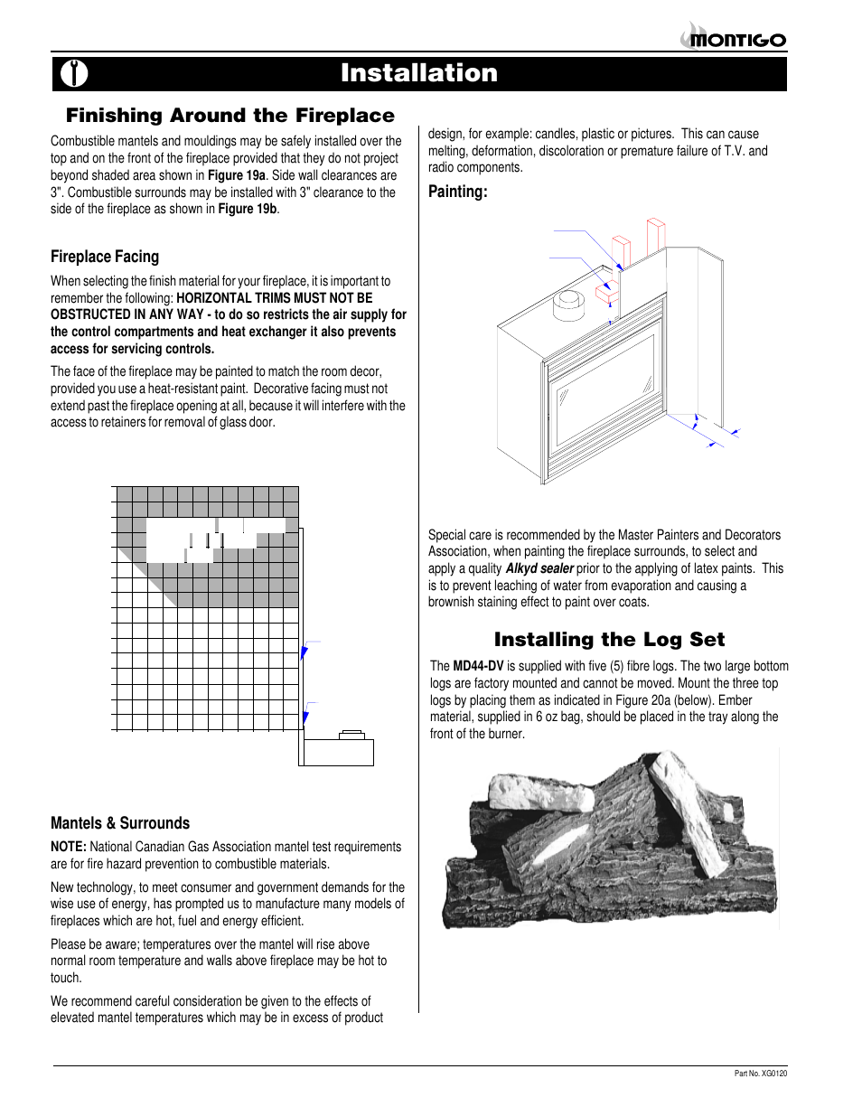 Installation, Finishing around the fireplace, Installing the log set | Fireplace facing, Mantels & surrounds, Painting | Montigo MD44 DV User Manual | Page 10 / 20