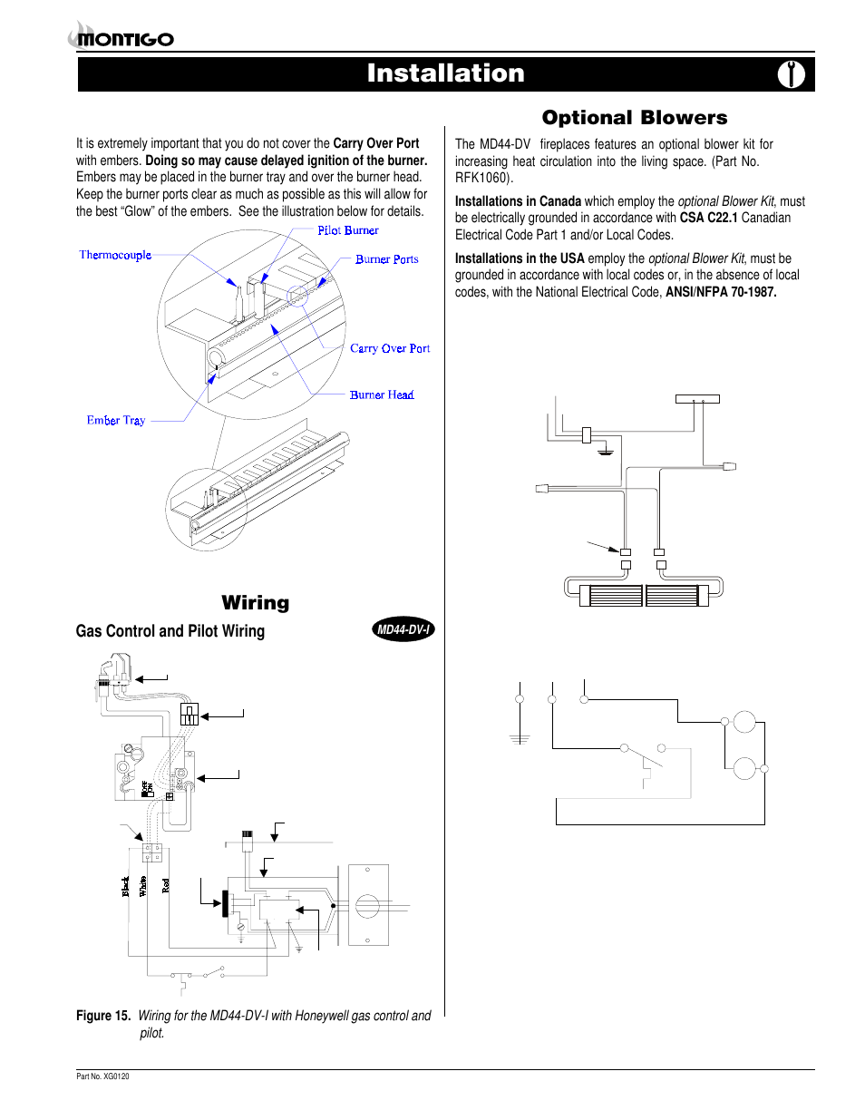 Installation, Wiring, Optional blowers | Gas control and pilot wiring, Page 11, Md44-dv direct vent vented fireplace, Figure 20b. burner detail | Montigo MD44 DV User Manual | Page 11 / 20