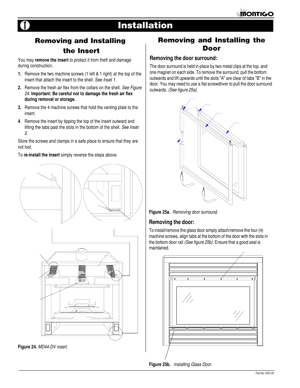 Installation, Removing and installing the door, Removing and installing the insert | Montigo MD44 DV User Manual | Page 12 / 20