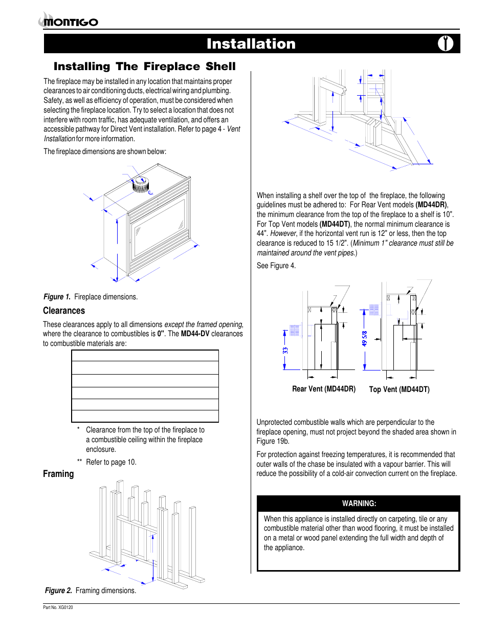 Installation, Installing the fireplace shell, Clearances | Framing | Montigo MD44 DV User Manual | Page 3 / 20