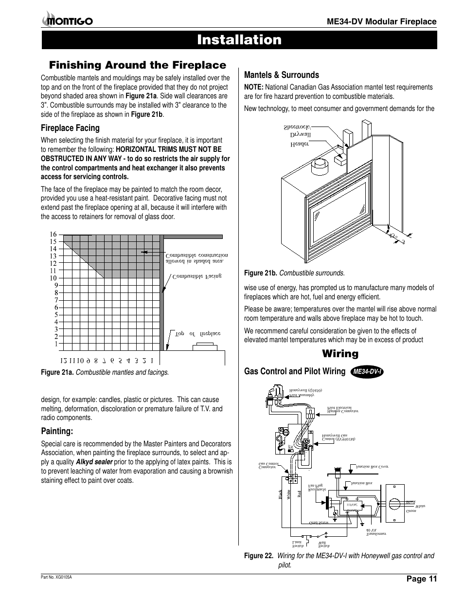 Installation, Finishing around the fireplace, Wiring | Fireplace facing, Mantels & surrounds, Painting, Gas control and pilot wiring, Page 11, Me34-dv modular fireplace | Montigo ME34DV User Manual | Page 11 / 20