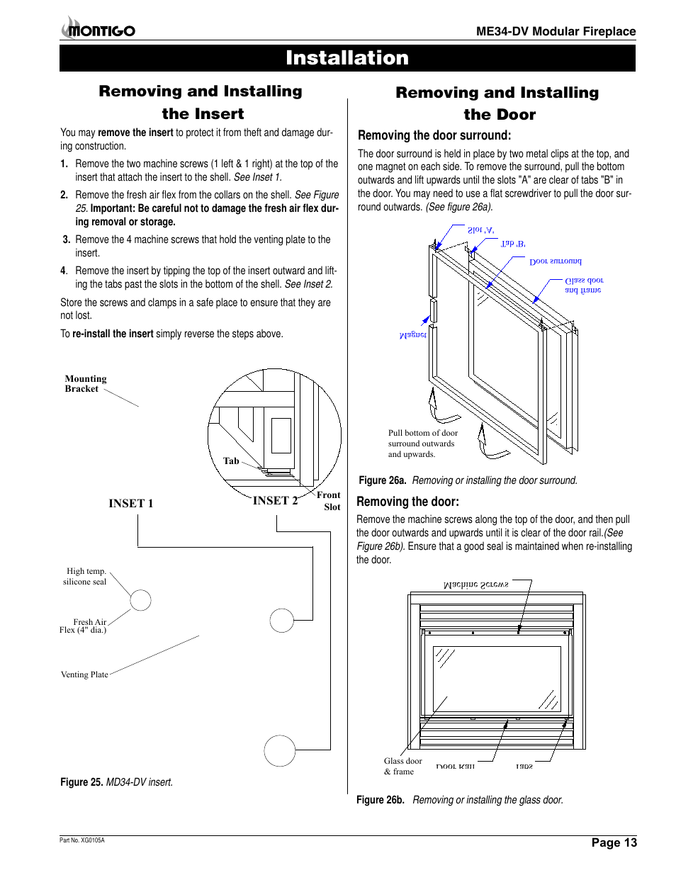 Installation, Removing and installing the door, Removing and installing the insert | Montigo ME34DV User Manual | Page 13 / 20