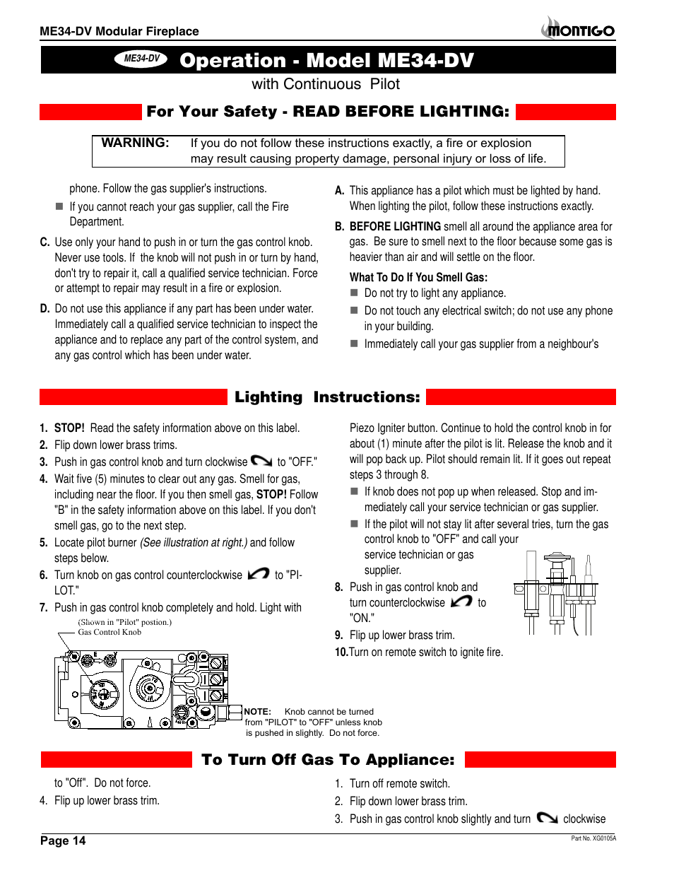 Operation - model me34-dv, Lighting instructions | Montigo ME34DV User Manual | Page 14 / 20