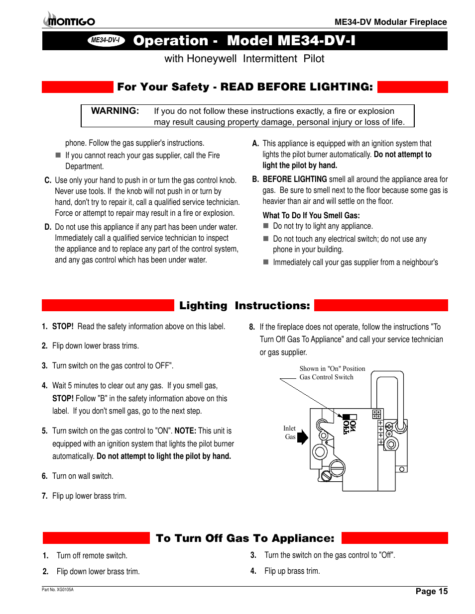 Operation - model me34-dv-i, With honeywell intermittent pilot | Montigo ME34DV User Manual | Page 15 / 20