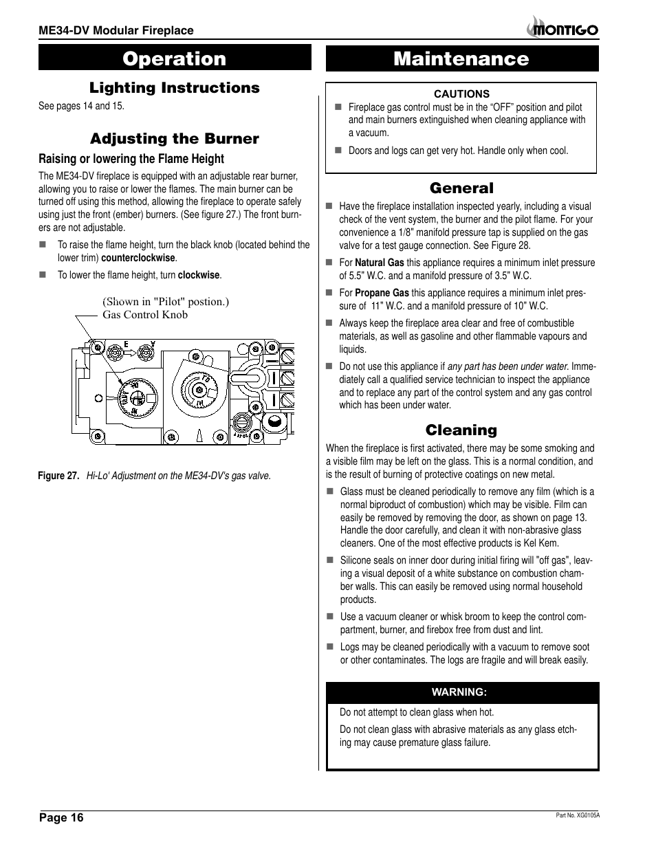 Maintenance, Operation, General | Lighting instructions, Cleaning, Adjusting the burner | Montigo ME34DV User Manual | Page 16 / 20