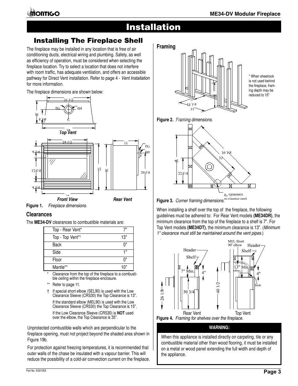 Installation, Installing the fireplace shell, Framing | Clearances | Montigo ME34DV User Manual | Page 3 / 20