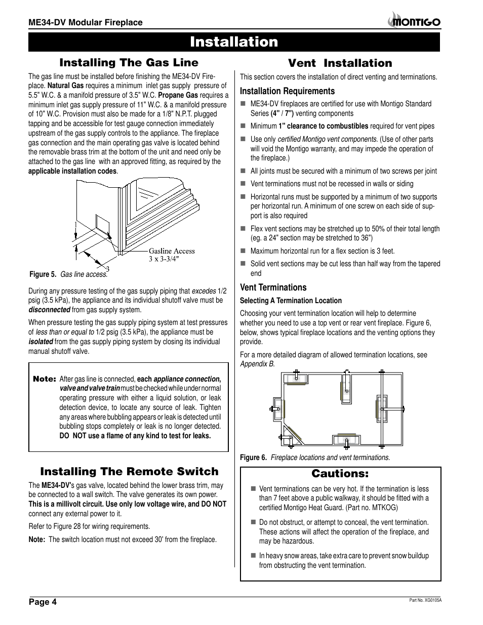 Installation, Vent installation, Installing the gas line | Installing the remote switch, Cautions | Montigo ME34DV User Manual | Page 4 / 20