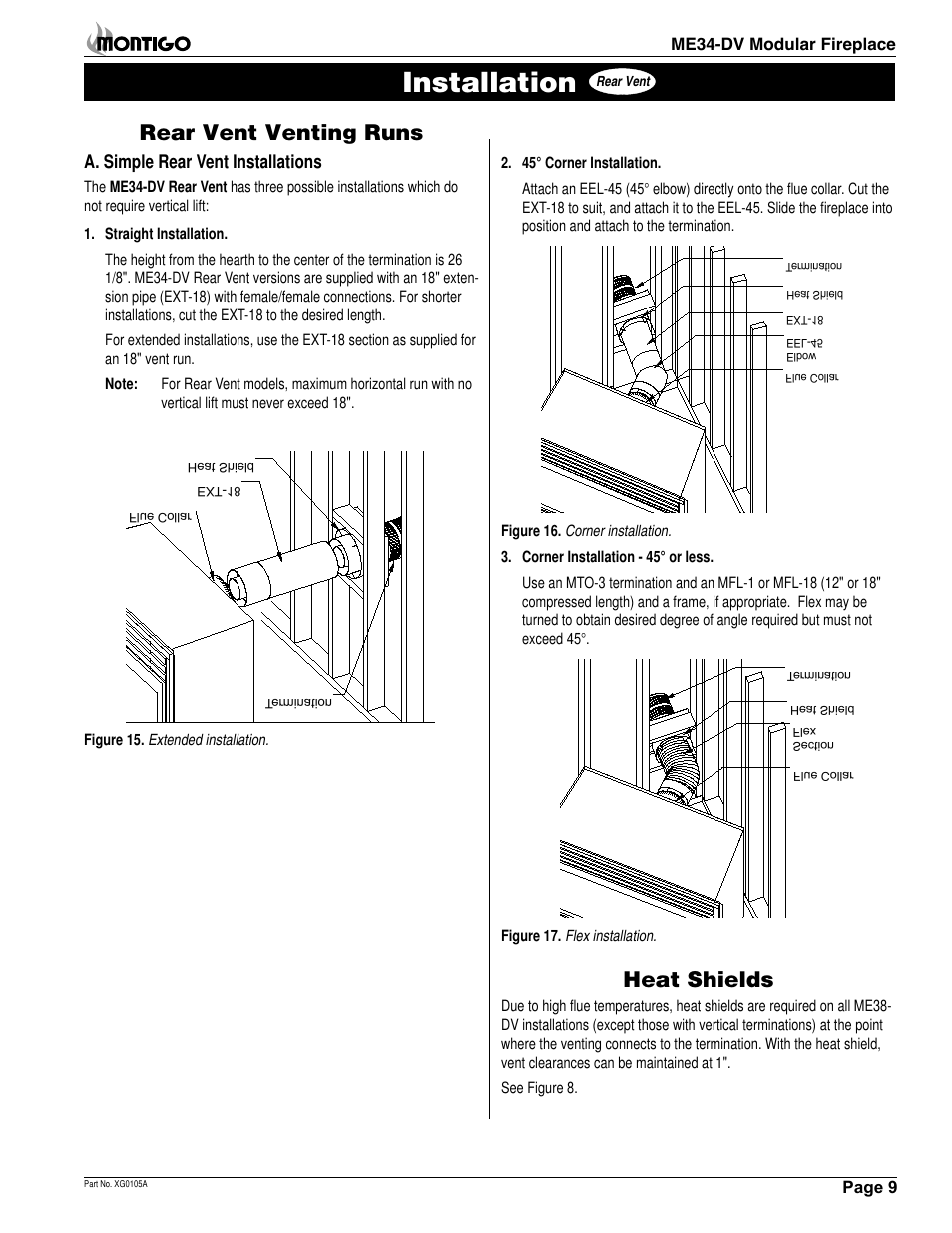 Installation, Rear vent venting runs, Heat shields | A. simple rear vent installations | Montigo ME34DV User Manual | Page 9 / 20