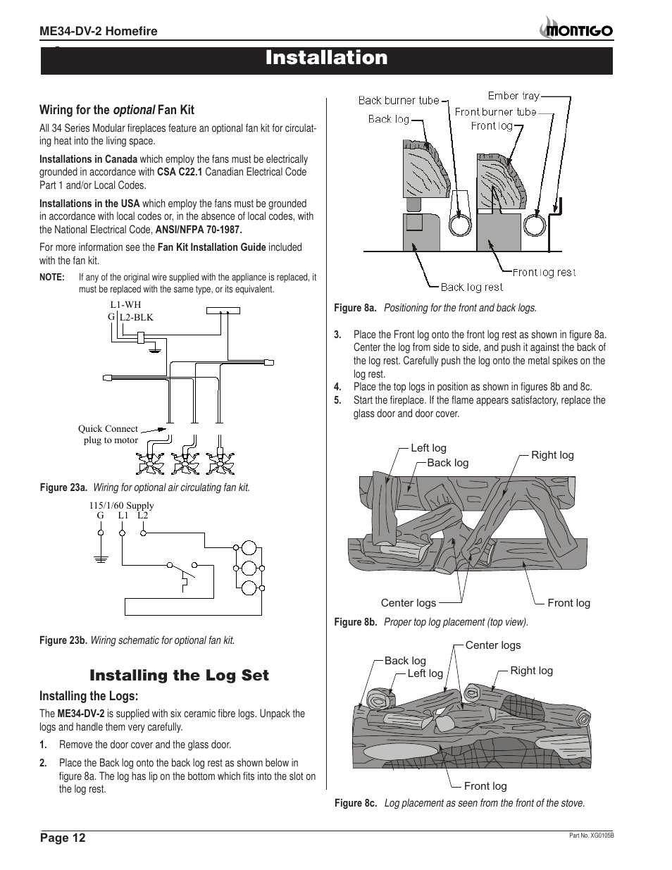 Installation, Installing the log set | Montigo ME34-DV2 User Manual | Page 12 / 20