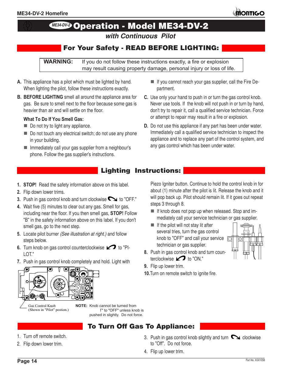 Operation - model me34-dv-2, Lighting instructions | Montigo ME34-DV2 User Manual | Page 14 / 20