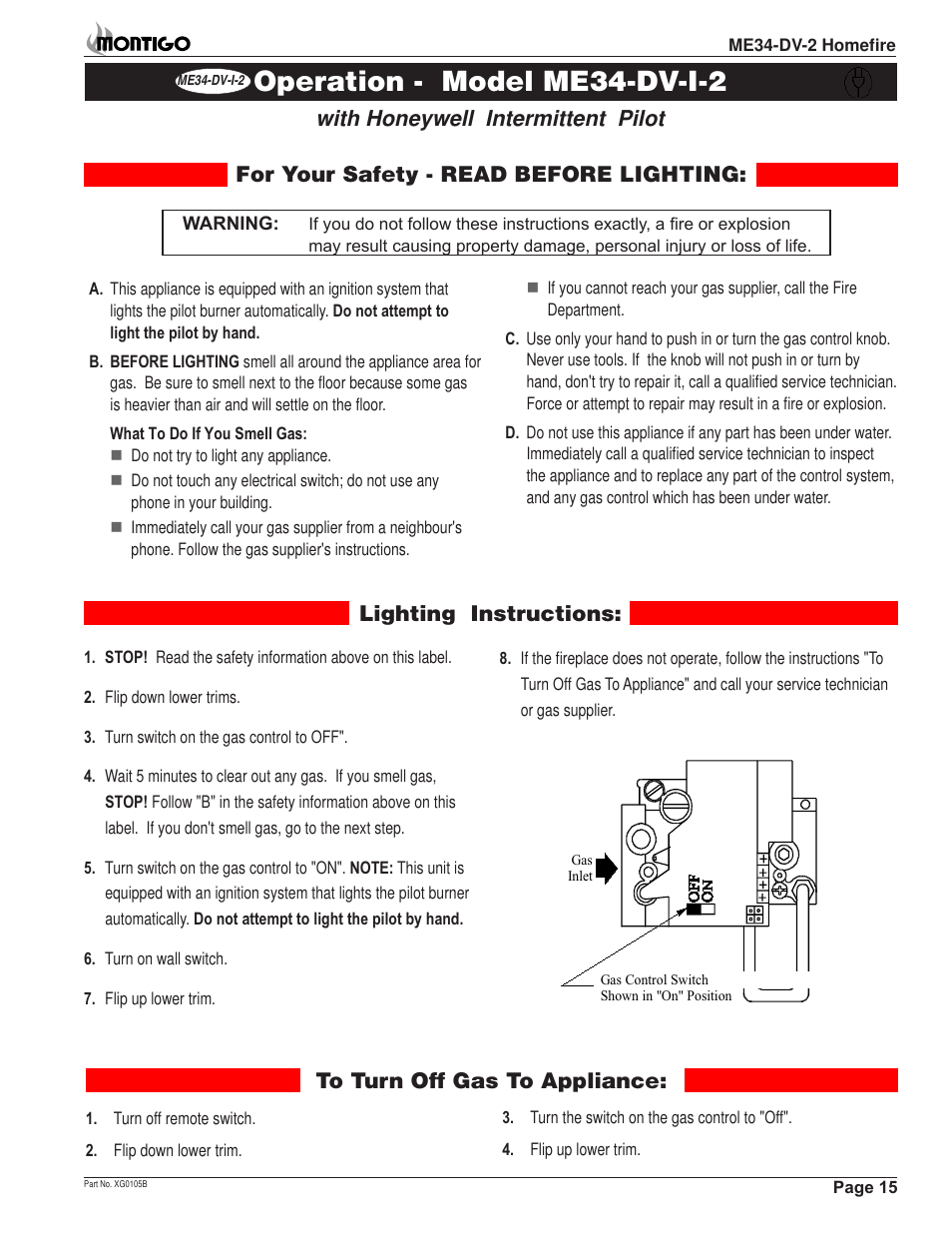 Operation - model me34-dv-i-2, With honeywell intermittent pilot | Montigo ME34-DV2 User Manual | Page 15 / 20