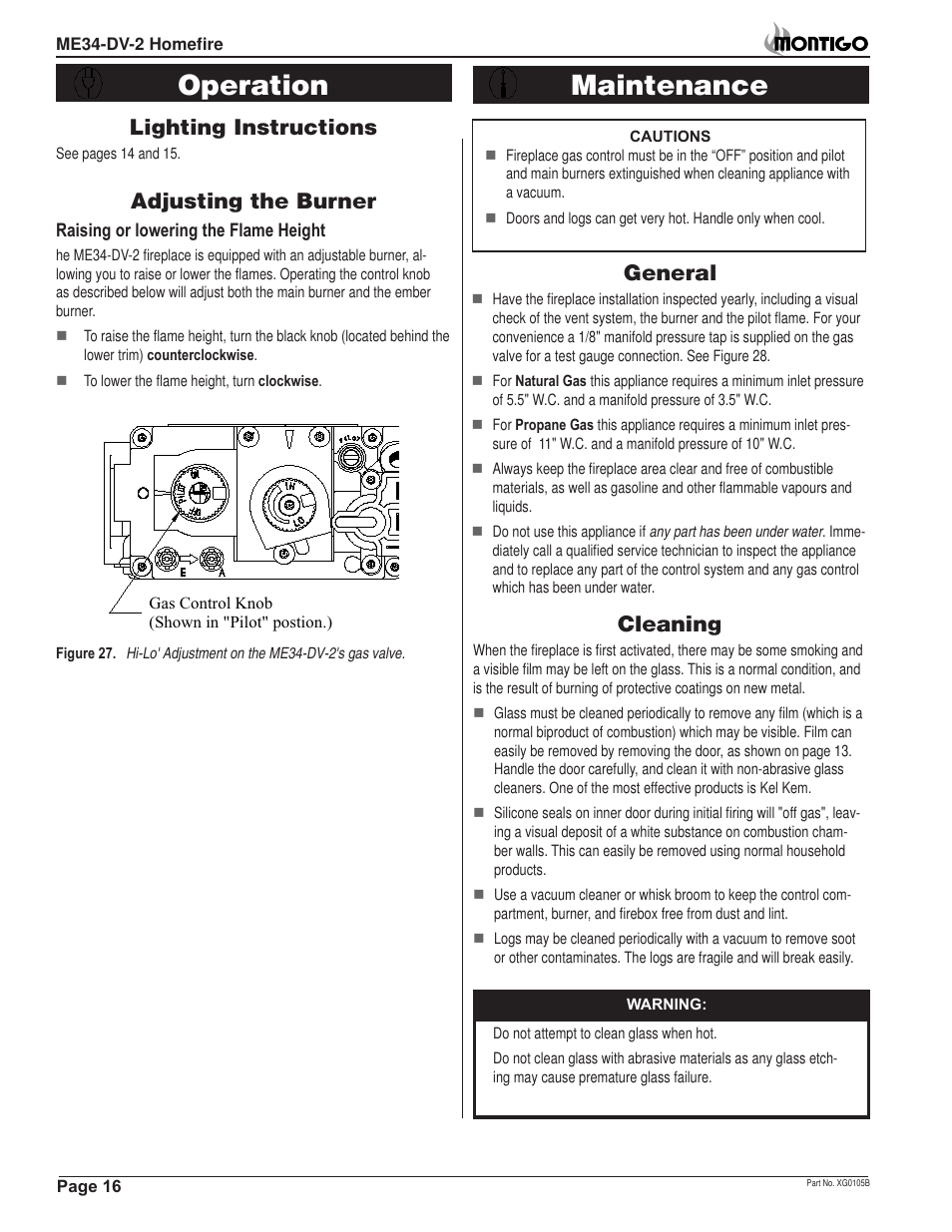 Maintenance, Operation, General | Lighting instructions, Cleaning, Adjusting the burner | Montigo ME34-DV2 User Manual | Page 16 / 20