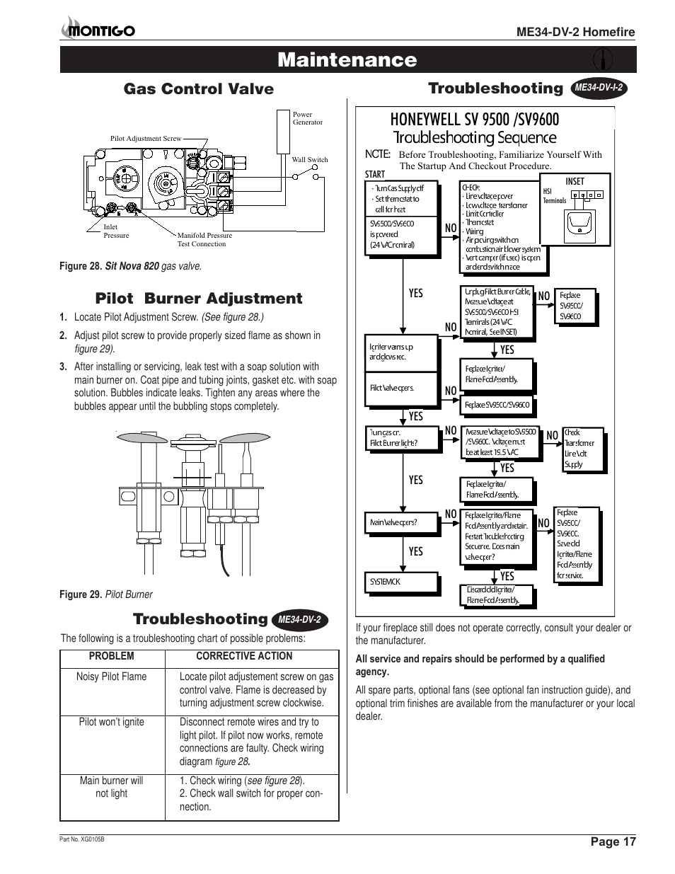 Maintenance, Troubleshooting, Gas control valve | Pilot burner adjustment | Montigo ME34-DV2 User Manual | Page 17 / 20