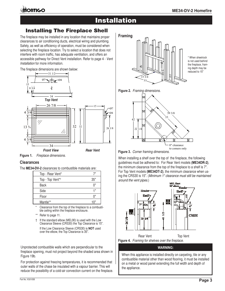 Installation, Installing the fireplace shell, Framing | Clearances | Montigo ME34-DV2 User Manual | Page 3 / 20