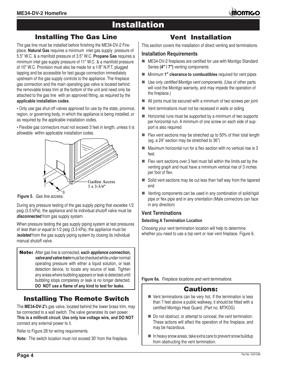 Installation, Vent installation, Installing the gas line | Installing the remote switch, Cautions | Montigo ME34-DV2 User Manual | Page 4 / 20