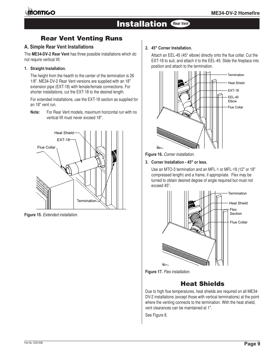 Installation, Rear vent venting runs, Heat shields | A. simple rear vent installations | Montigo ME34-DV2 User Manual | Page 9 / 20