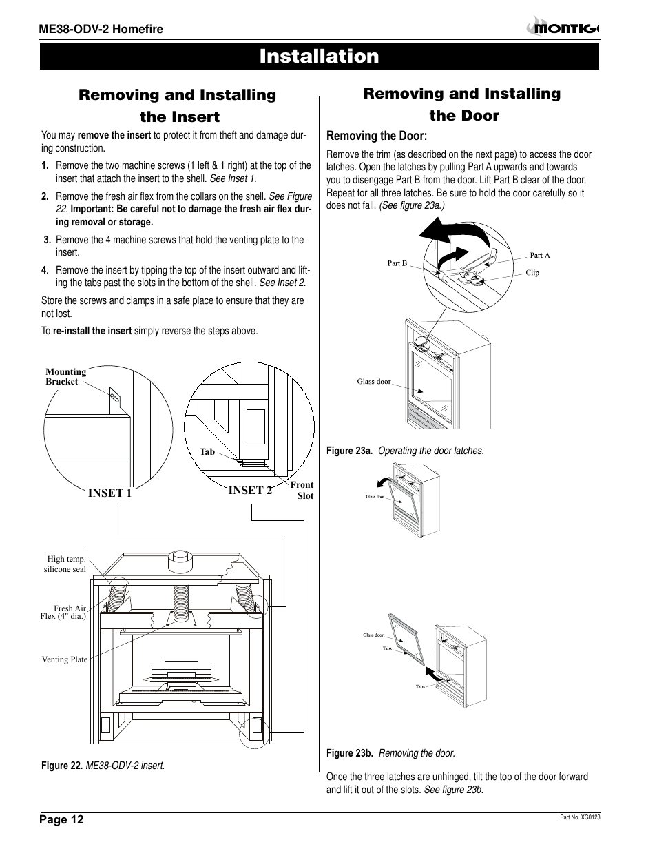 Installation, Removing and installing the insert, Removing and installing the door | Montigo ME38 ODV User Manual | Page 12 / 18