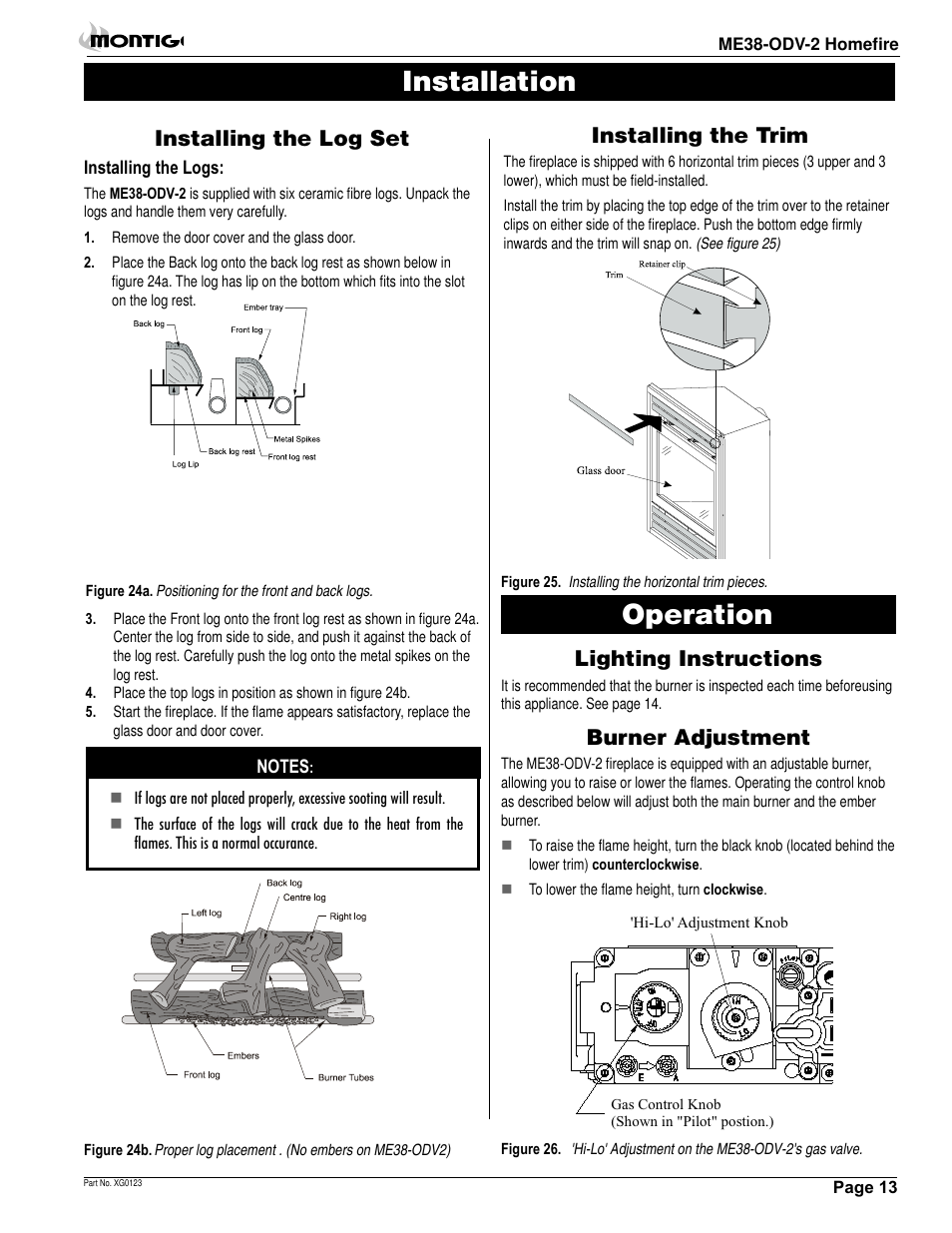 Installation, Operation, Installing the log set | Installing the trim, Lighting instructions, Burner adjustment | Montigo ME38 ODV User Manual | Page 13 / 18