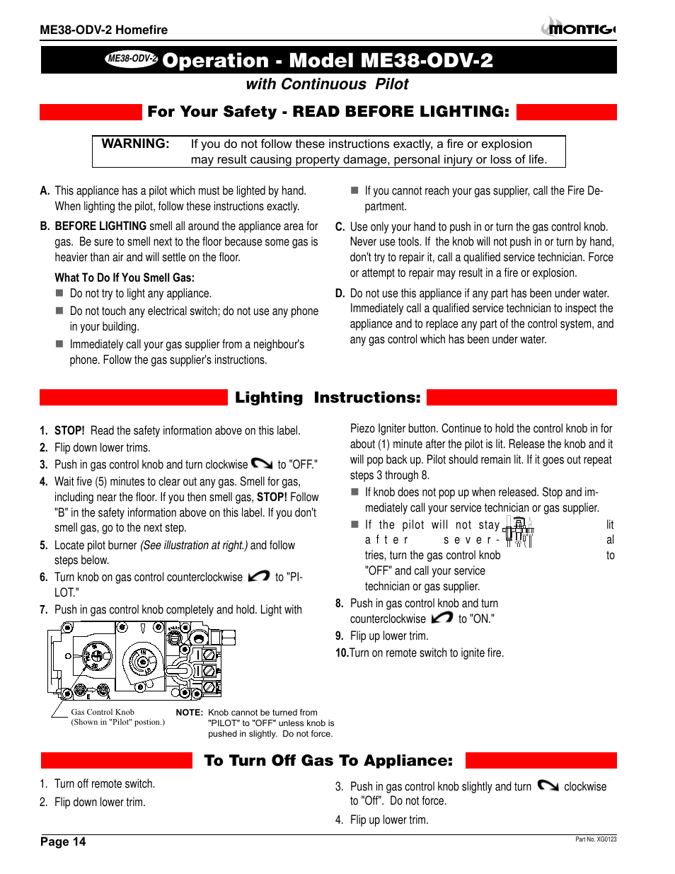 Operation - model me38-odv-2, Lighting instructions | Montigo ME38 ODV User Manual | Page 14 / 18