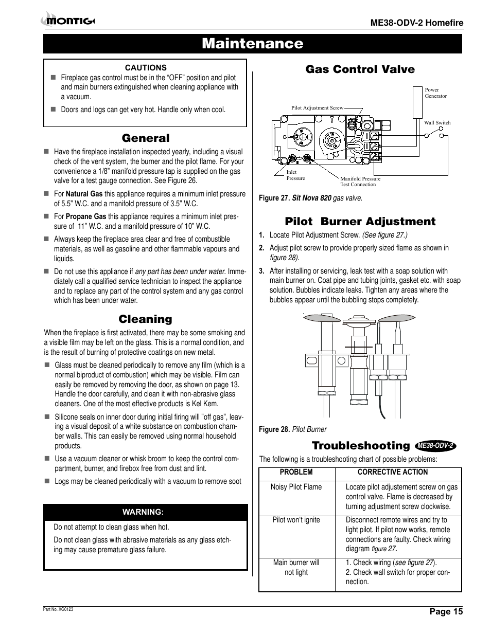 Maintenance, General, Cleaning | Gas control valve, Pilot burner adjustment, Troubleshooting | Montigo ME38 ODV User Manual | Page 15 / 18