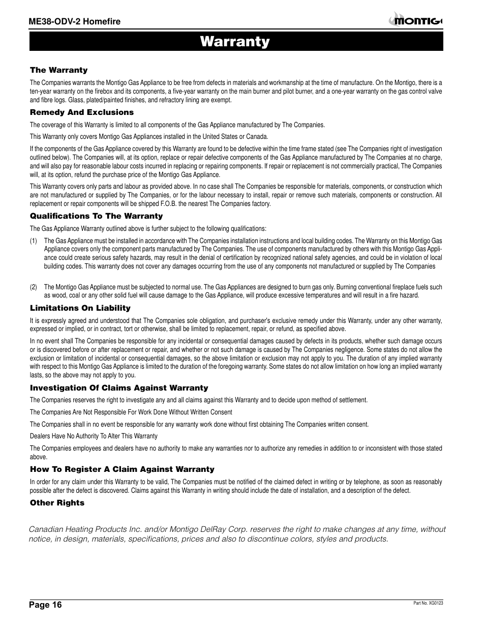 Warranty | Montigo ME38 ODV User Manual | Page 16 / 18