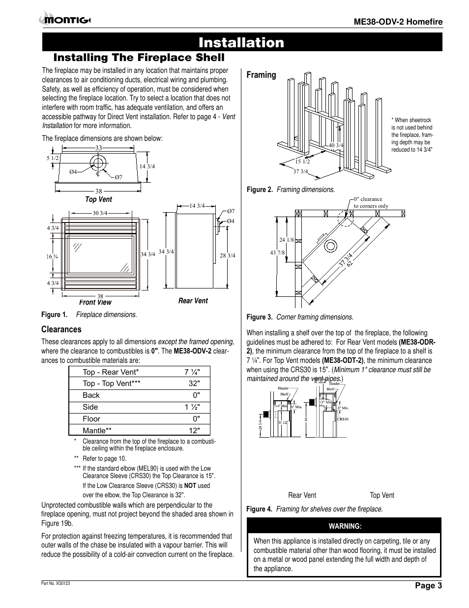 Installation, Installing the fireplace shell, Framing | Clearances | Montigo ME38 ODV User Manual | Page 3 / 18