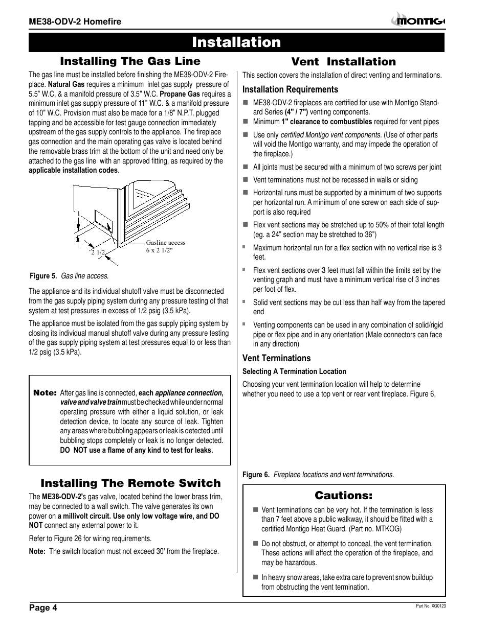 Installation, Vent installation, Cautions: installing the gas line | Installing the remote switch | Montigo ME38 ODV User Manual | Page 4 / 18