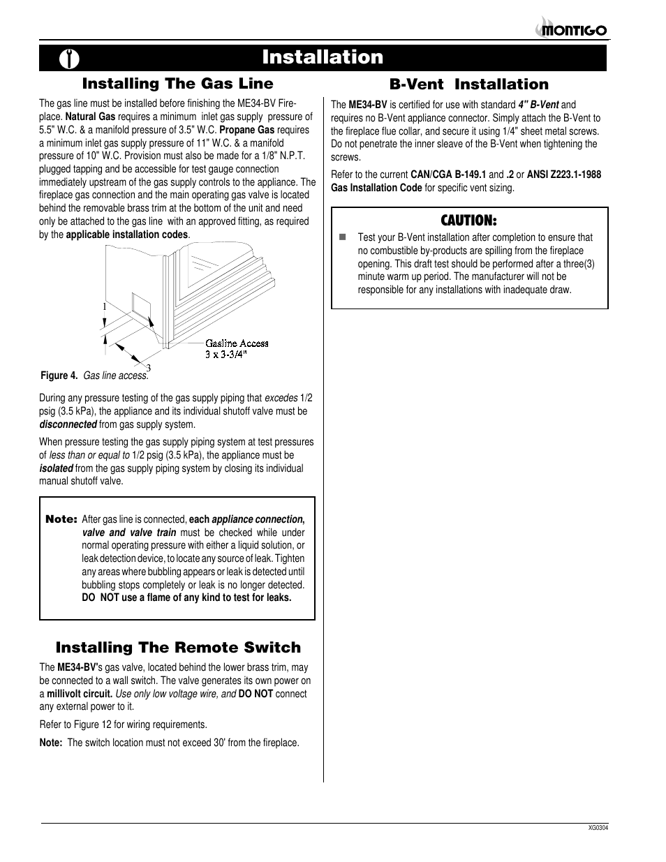 Installation, Installing the gas line, Installing the remote switch | B-vent installation, Caution | Montigo ME34 BV User Manual | Page 4 / 14