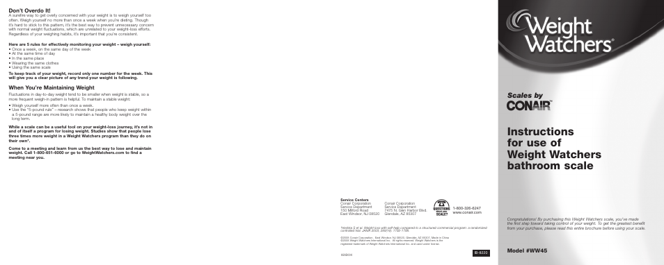 Conair WEIGHT WATCHERS WW45 User Manual | 2 pages