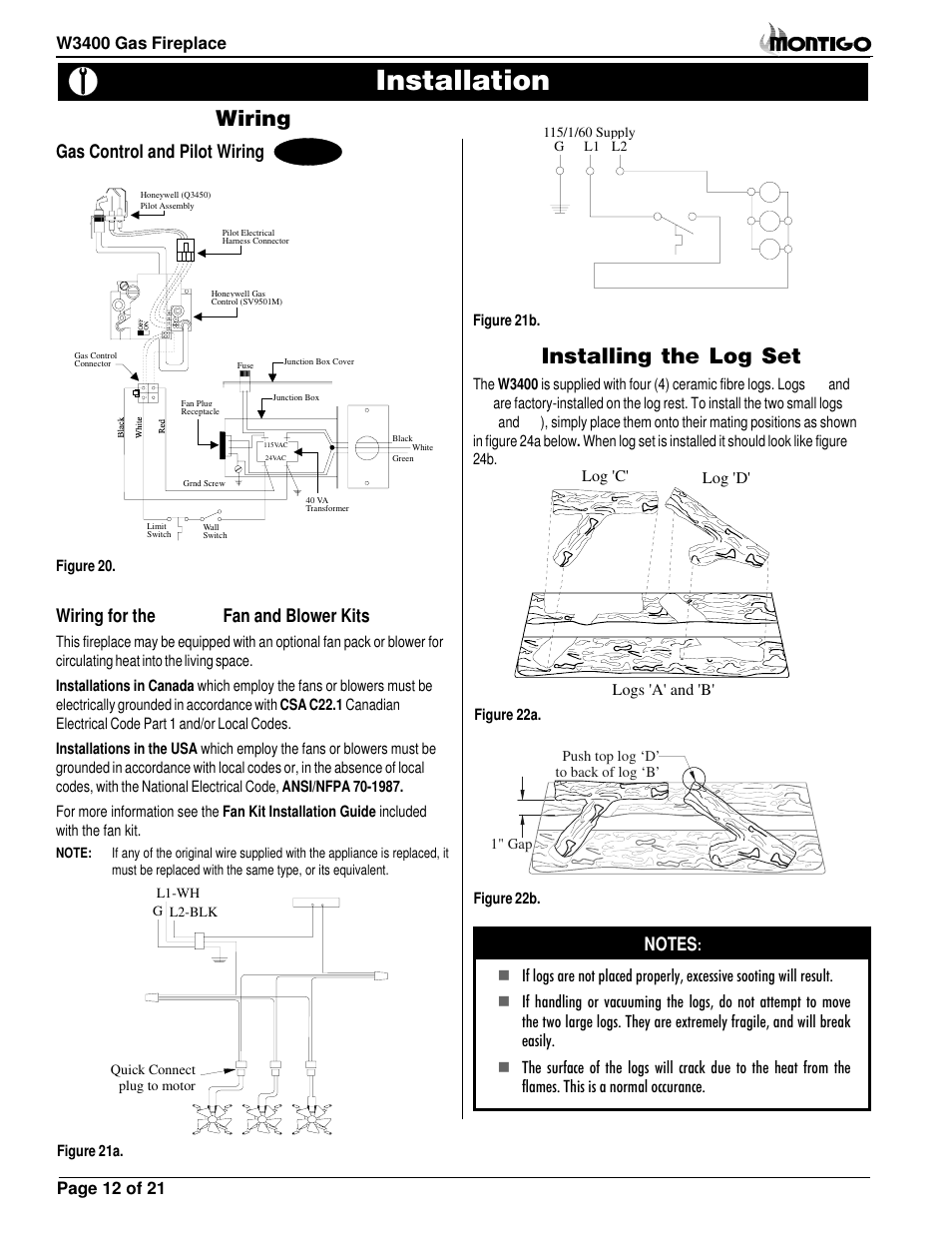 Installation, Wiring, Installing the log set | Gas control and pilot wiring, Wiring for the optional fan and blower kits | Montigo MW34 DV User Manual | Page 12 / 22